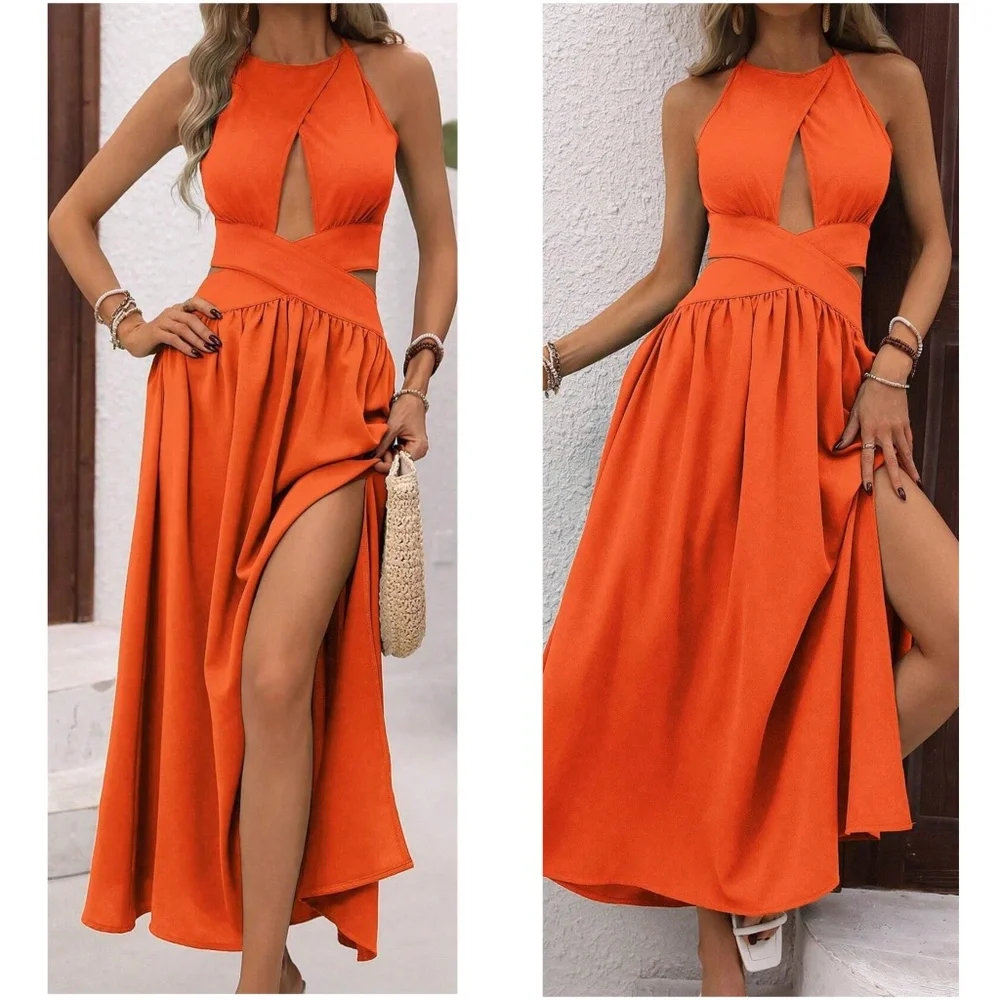 Luxe Cut out Tie Back Split Thigh Party Occasion Dress - Picture 10 of 10